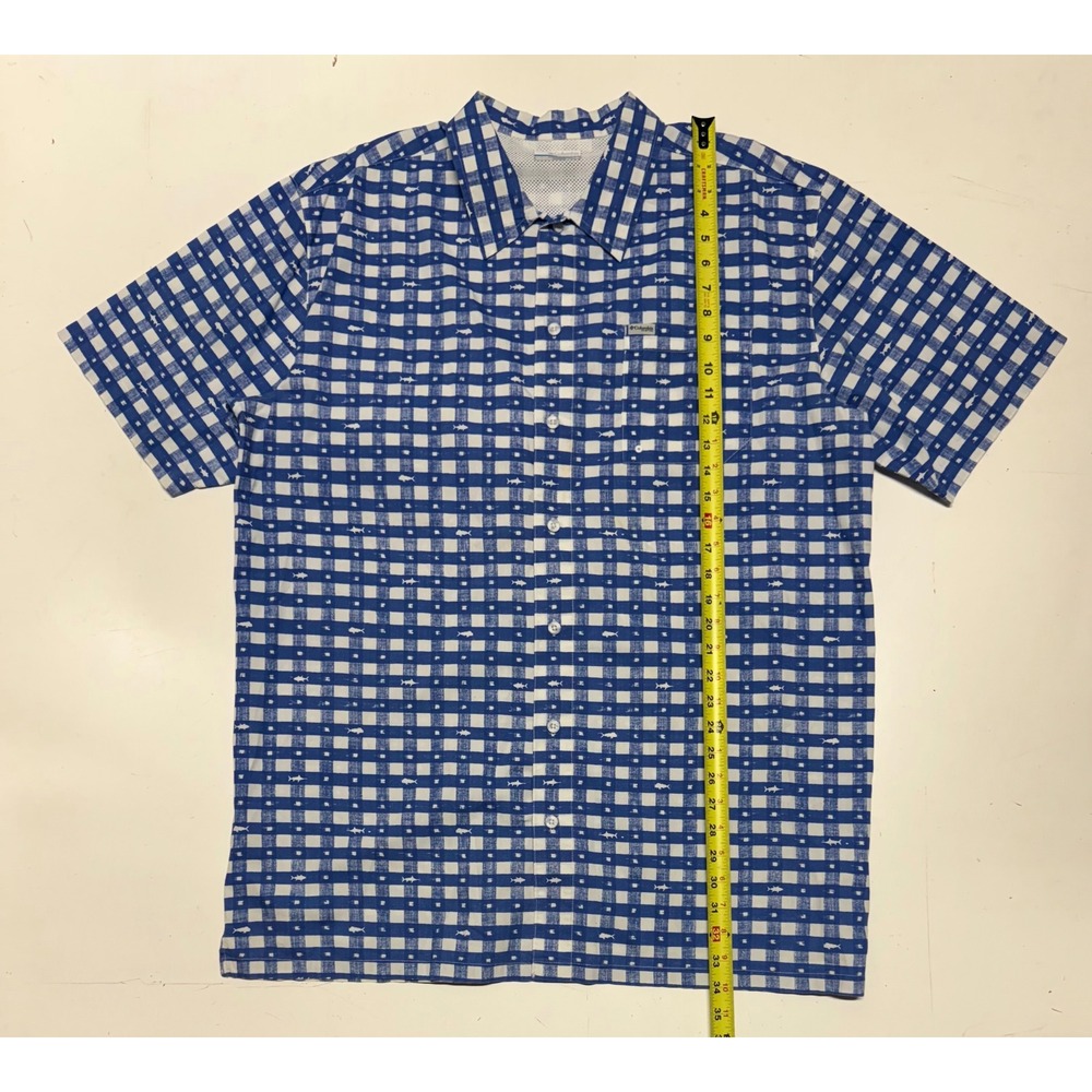 Mens Columbia Blue Gingham Fish Print Short Sleeve‎ Button Up Shirt XLT